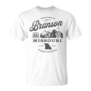 Vacaciones en Branson, Missouri, fundada en 1882, camiseta Ozark Country, unisex, manga corta, cuello redondo, promocional para adultos - Product Image 1