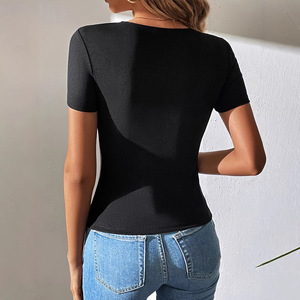 Women's Hollow V-Neck Short Sleeve Nonwoven Polyester/Cotton Thin Slim Fit Breathable Summer T-Shirt Everyday Dating - Product Image 2