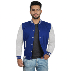 Varsity Jacket Blue Vegan Leather Stadium-Style <b>Block</b> Armhole Stylish Trendy Fleece Lining Raw Jackets - Product Image 1