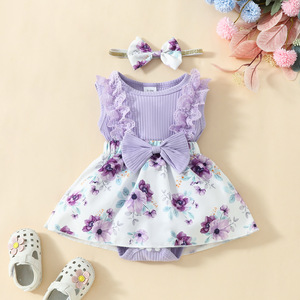 Combinaison en tricot de coton sans manches pour bébé fille, avec dentelle, motif floral et nœud, pour 0-1 an, avec bandeau assorti - Product Image 2