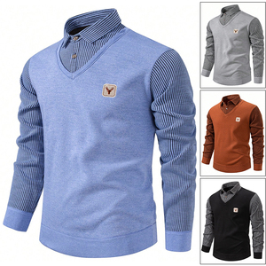 Maglione foderato in pile con risvolto a righe a maniche lunghe con scollo a V in maglia spessa maglia Pullover Casual da uomo maglione <span class=keywords><strong>Polo</strong></span> Top - Product Image 1
