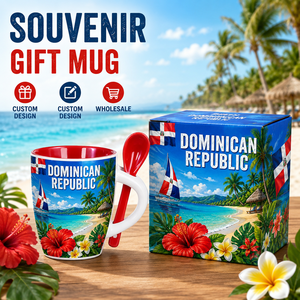 Mug à café en céramique souvenir de la République dominicaine des Caraïbes, design floral, avec cuillère et boîte, personnalisable OEM ODM, vente en gros - Product Image 1