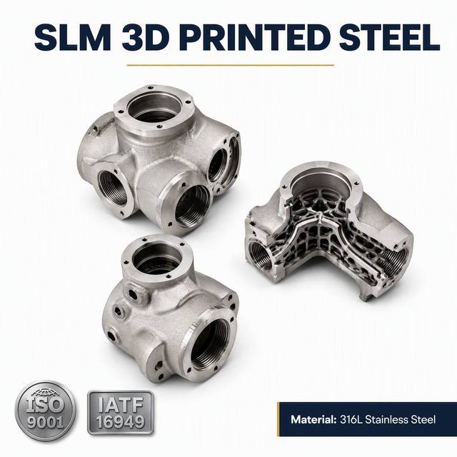 SLM 3D Printed Stainless Steel 316L Robotic Joint Connector Housing with Internal Lattice Cooling Channels and Threaded Ports