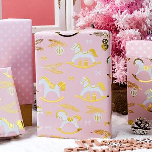 Pink Rocking Horse Christmas Wrapping <b>Paper</b> 46.8 Square Feet Coated Metallic Foil Eco-Friendly Gift Wrap For Holiday - Product Image 5