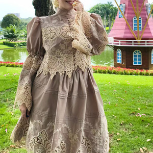 مزاجه الفرنسية طويلة الدانتيل فساتين أحادية الصدر دعوى الخريف موضة جديدة أنيقة مجمعة من قطعتين بدلة نسائية - Product Image 1