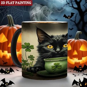 Taza Mágica de Cerámica Negra Esmerilada de 11 oz, Sensible al Calor, con Diseño de Gato y Trébol, Pintura Plana 2D - Product Image 6