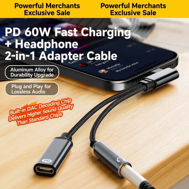 B2B Supply Factory Wholesale USB C to 3.5mm AUX Adapter High Speed 60W PD Fast Charging Data Cable