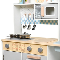 Set Mainan Dapur Kayu dengan Microwave, Wastafel, Keran, Jam, dan Peralatan Masak, Dilengkapi Tempat Penyimpanan untuk Balita