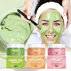Maschera di argilla per il viso, organica, controllo dell'olio, curcuma, tè verde, rosa rosa, etichetta privata, per la pelle dell'acne