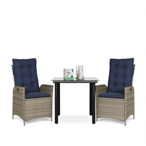 ชุดรับประทานอาหารในสวนหวายกลางแจ้ง 2 ที่นั่ง ทนทานต่อสภาพอากาศ ดีไซน์ร่วมสมัย หมอนอิงสีเทากรมท่า - Product Image 1