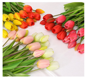 High Quality Artificial PVC Real Touch <strong>Sunset</strong> Red Yellow Tulip Bridal Bouquet <strong>Flowers</strong> for Wedding Home Decoration - Product Image 1