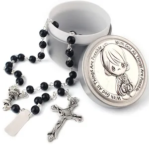 First Communion Catholic Religious Gift 6mm Black Glass Beads Chain Rosary Charm Necklace for Boy