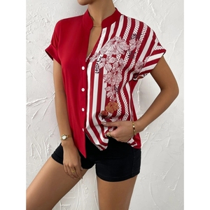 New Double Spell Color Collision Floral Button <b>Cardigan</b> Women's <b>Short</b> <b>Sleeve</b> Shirt Tops Blouse Clothing Fashion - Product Image 4