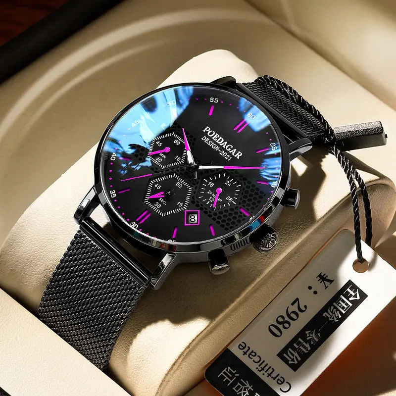 POEDAGAR homme montre-bracelet chronographe décontracté Sport hommes montre de marque de luxe en acier inoxydable calendrier homme horloge cadeau pour hommes