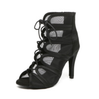 Nouvelles chaussures de danse latine en satin noir, bottes de jazz respirantes et sexy, bottes de danse Bachata à talon haut, à lacets et à fermeture éclair