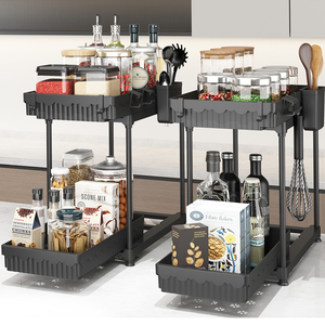 Organizador debajo del fregadero para espacios estrechos, estante de plástico de 2 niveles <span class=keywords><strong>con</strong></span> cesta mediana, espacio eficiente - Product Image 1