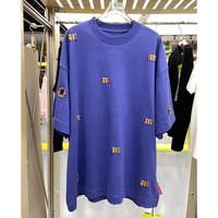 T-shirt long surdimensionné pour homme en coton 100% bleu, tricoté, brodé, séchage rapide, anti-rétrécissement, écologique, patchwork