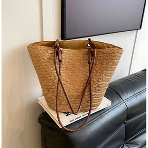 กระเป๋าฟางมีหูจับเดี่ยวสำหรับผู้หญิงแฟชั่นฤดูใบไม้ร่วงกระเป๋าสะพายข้างติดหนังแท้ลายลูกกวาดประดับเพชรมีซิป - Product Image 1