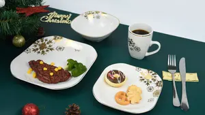 Bộ Đồ Ăn Giáng Sinh 20 Món, Vajilla De Navidad Ceramica, Bộ Đồ Ăn Tối Vuông Với Decal Vàng