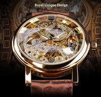 Montre de luxe pour hommes, bracelet en cuir marron, squelette mécanique, boîtier doré Transparent, décontracté, nouvelle collection