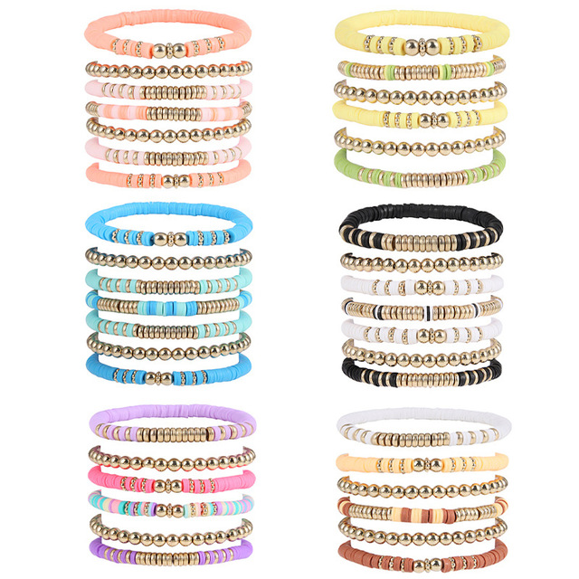 Bohemian Fashion Colorful Hand Accessories Polymer Clay Beaded Bracelet Set Retro Handmade Beaded Bracelet