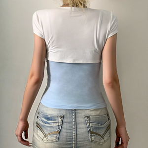 Ensemble deux pièces tricoté écologique style BM pour l'été : Cardigan décontracté uni à blocs de couleur + Débardeur court à manches courtes pour le quotidien - Product Image 6