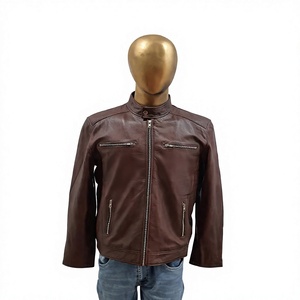Dark Brown Genuine Sheepskin Leather <b>Jacket</b> Men Biker <b>Cafe</b> <b>Racer</b> Stand Collar Windproof Eco-Friendly Winter - Product Image 1