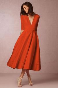 Femmes col en V couleur unie A-line <span class=keywords><strong>robes</strong></span> de style longues vêtements pour femmes dame élégante Europe <span class=keywords><strong>Sexy</strong></span> fête grand ourlet robe décontractée - Product Image 4