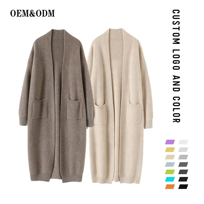 FYB Maxi Female Luxury Winter Long Cardigan With Pocket Knitwear Women Cashmere Sweater Coat