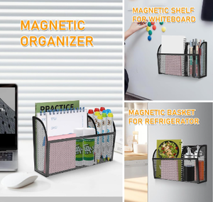 Magnetic <b>Desk</b> Organizer 3 Compartment Metal Mesh Pen Holder for Locker <b>Whiteboard</b> Refrigerator Office Black - Product Image 3