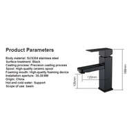 Robinet mélangeur de lavabo en acier inoxydable 304 noir, élégant et esthétique, pour salle de bain, avec adaptateur