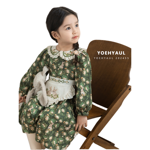 فستان صوفي أخضر مزهر للخريف من تيانزي Q3608 للفتيات بعمر 7 سنوات، مصنوع من القطن 100٪ بأكمام طويلة وتطريز أرنب لطيف، تصميم حلو ODM - Product Image 1