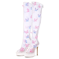 Bottes au-dessus du genou en maille blanche papillon pour femmes Peep Toe Platform Stiletto High Heel Fashion Boots