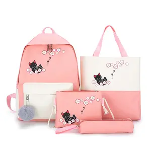 Lovely Cat 4pcs Set School Students Canvas Backpack Bag for Girl