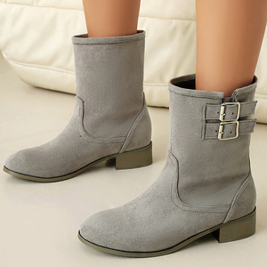 Large Size 48 <b>Round</b> <b>Toe</b> Women's Top Buckles Short Boots Low Chunky <b>Heels</b> Ankle Booties Wide Fit Suede Shoes - Product Image 2