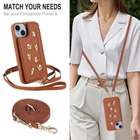 Bandoulière avec fente pour cartes étui pour IPhone 16E 16 Plus 15 Pro Max 14 13 12 11 housse de poche en cuir fleur brodée