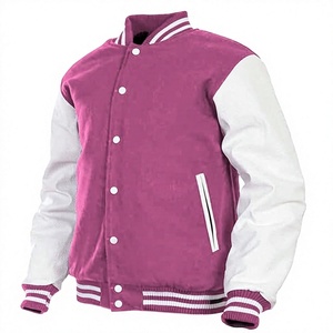 Men's <b>Purple</b> And White <b>Varsity</b> <b>Jacket</b> With Button Closure Regular Fit Turn-down Collar Polyester Material Autumn Wear - Product Image 1
