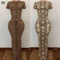 Ensembles de détente basiques pour femmes grandes tailles, imprimé personnalisé motif peau d'animal, ensemble jupe 2 pièces, jupe longue à manches courtes, ensembles motif guépard