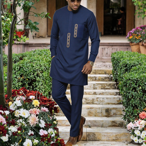 Ensemble 2 pièces Dashiki africain pour homme, manches longues, brodé, style Kaftan, tenue de mariage traditionnelle formelle - Product Image 3
