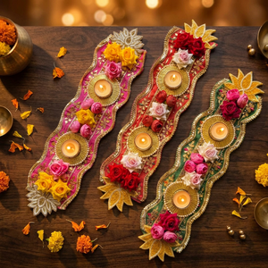 Floral <b>Tapestry</b> Wall <b>Hanging</b> with Candle Holders and Roses for Diwali Home Decor Traditional Style 3Pcs - Product Image 3