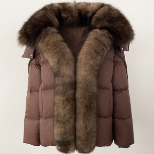 Veste d'hiver pour femme en <span class=keywords><strong>duvet</strong></span> avec col en fourrure de renard véritable, nouvelle veste courte tendance épaisse et chaude pour femme - Product Image 3