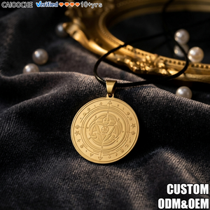 CAIOOCHE Collar con Colgante <span class=keywords><strong>de</strong></span> Círculo Mágico <span class=keywords><strong>de</strong></span> Acero Inoxidable, Chapado en Oro, Unisex, con Geometría Sagrada Grabada, Joyería con Cuerda Negra - Product Image 1