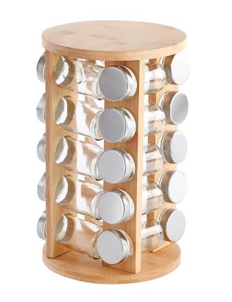 ชั้นวางไม้ไผ่พร้อมขวดเครื่องเทศ 20 ชิ้นพร้อมฝาปิดสีเงิน