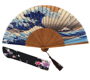 Abanico plegable de seda de bambú hecho a mano para mujeres y niñas, para fiesta de boda, Cosplay, ondas marinas, paisaje, japonés