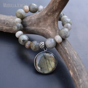 BM10772 Boho Chic Labradorite Gemstone <strong>Silver</strong> Plated <strong>Stretch</strong> Bead Charm <strong>Bracelet</strong> for Women's Anniversary - Product Image 6