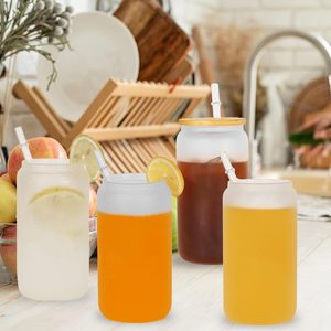 USA kho 16oz thăng hoa rõ ràng Frosted có thể Glass Mug 16oz bia có thể ly với nắp tre và ống hút - Product Image 4