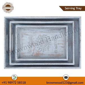 Bandeja de madera tallada éxito de ventas diseño personalizado bandejas de servicio rectangulares talladas de madera de mango macizo Juego de 3 para decoración y uso de servicio - Product Image 4