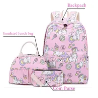 Ensemble de sac à dos licorne pour filles enfants adolescents sac d'école sac à dos de voyage avec déjeuner sac fourre-tout porte-crayon sac à main sac 3 en 1 ensemble