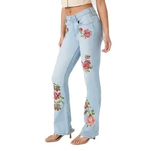Customized Women's All-over Rose Embroidered Bootcut Jeans Slim Fit Light Blue Washed 5-Pocket Belt Loops Popular Daily Casual