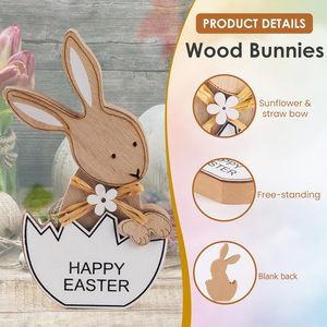 Adorno Decorativo de Conejo de Madera, Decoración para Fiesta de Pascua, Juego de Dos Piezas, Material de Pino, Uso en Interiores - Product Image 2